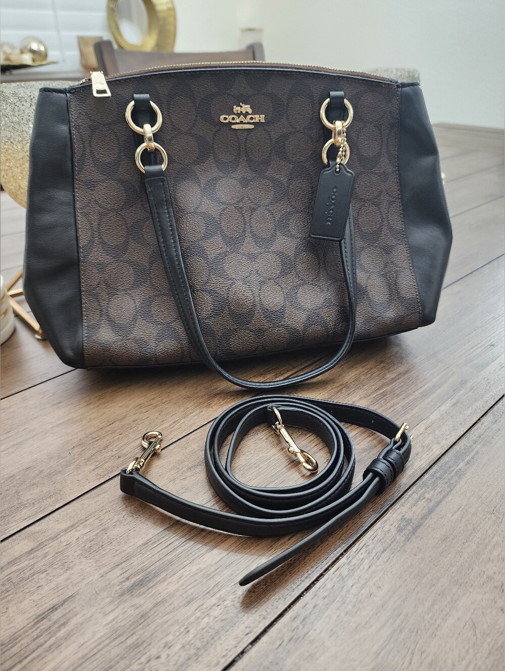 Coach Brown Signature Canvas Tote with Black Leather Trim